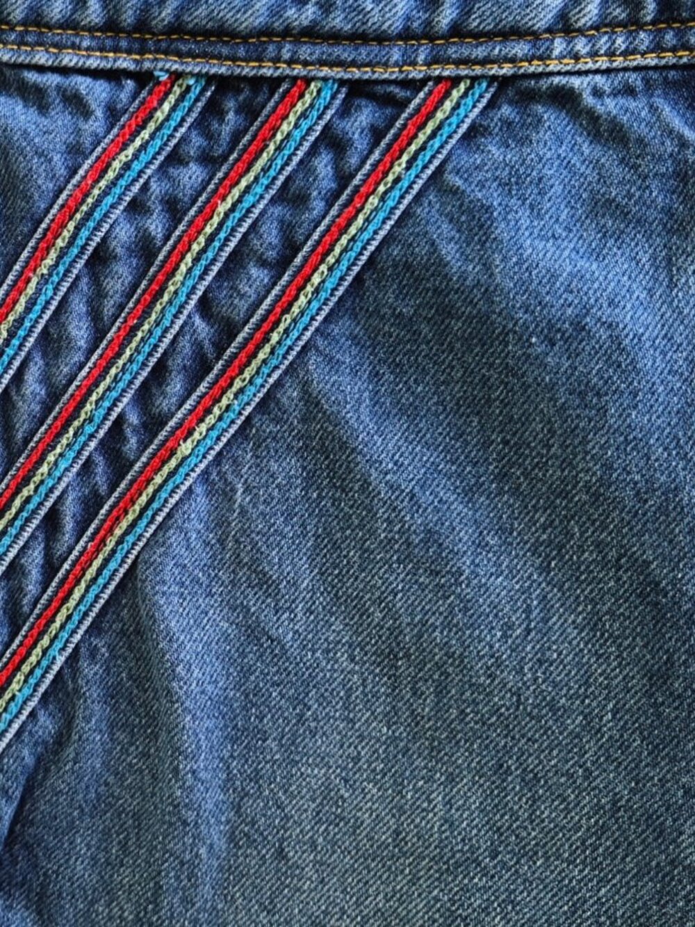 Free People Chasing Rainbows Overalls Size 6 Blue Denim Flare Rainbow Stitch Bib - Picture 7 of 16